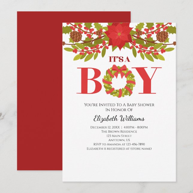 Invitation C'est un garçon Poinsettia Baby shower de Noël (Devant / Derrière)