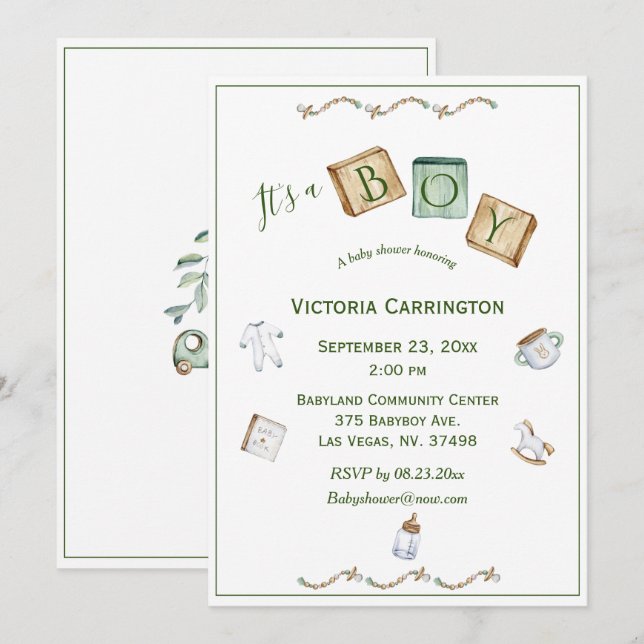 Invitation C'est un garçon Rustique Aquarelle bébé (Devant / Derrière)