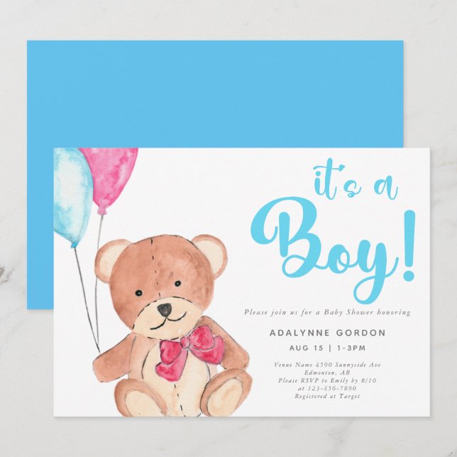 Invitation C'est un Garçon Teddy Bear Baby shower Cue aquarel (Devant / Derrière)