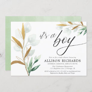 Invitation C'est un garçon un baby shower vert moderne en or