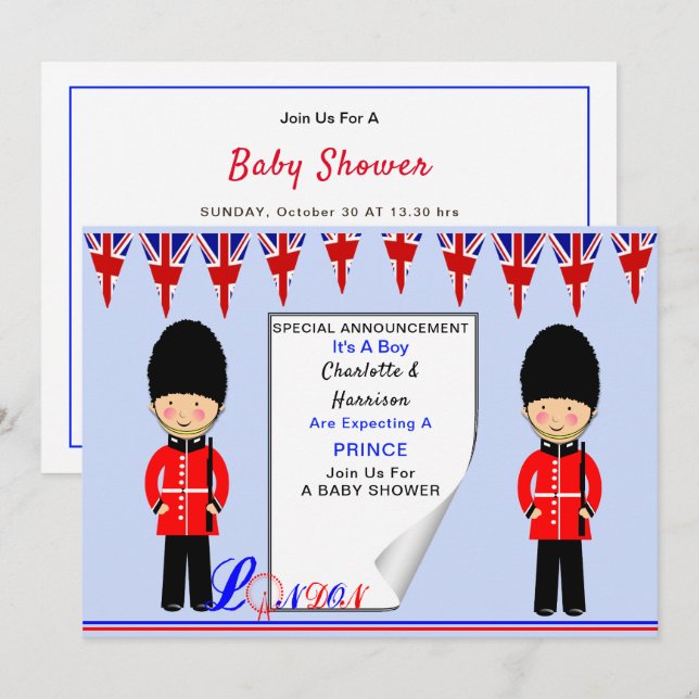 Invitation C'est un garçon Un Royal Prince Londres Baby showe (Devant / Derrière)