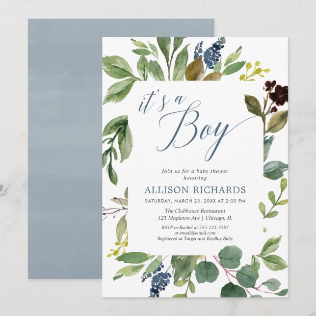 Invitation C'est un garçon vert feuille feuillage baby shower (Devant / Derrière)