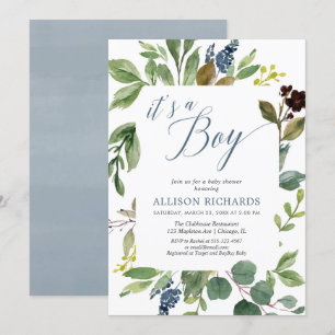Invitation C'est un garçon vert feuille feuillage baby shower