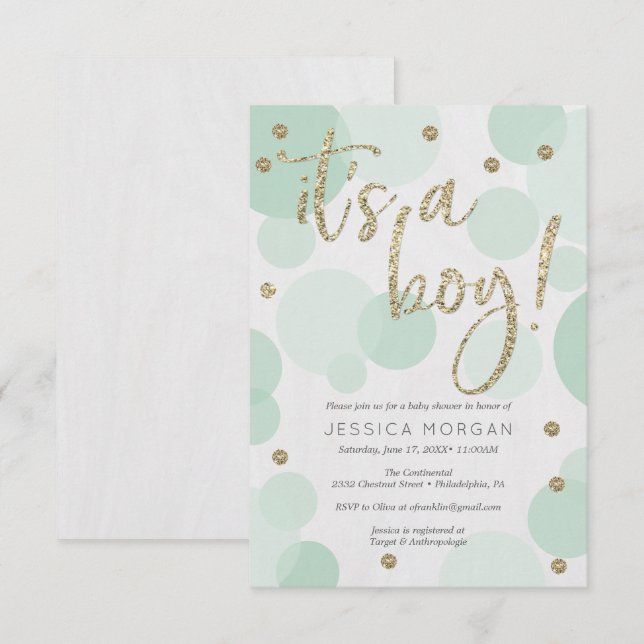 Invitation C'est un garçon vert Polka Dot Baby Shower Invitat (Devant / Derrière)