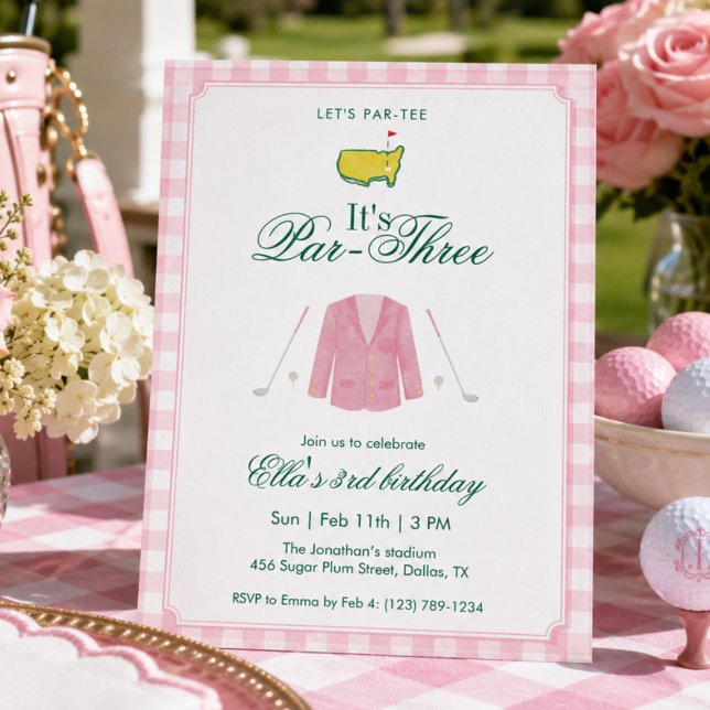 Invitation C'est un golf Par-Trois 3e anniversaire rose gingh (Créateur téléchargé)