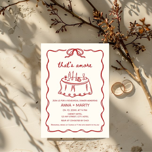 Invitation C'est un grand dîner de répétition rouge illustré  (That's amore Red Wedding Rehearsal Dinner Hand Drawn Invitation)