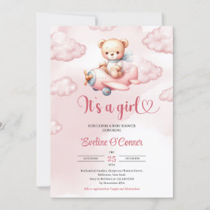 Invitation C'est un pilote d'ours en peluche rose Girl avec a