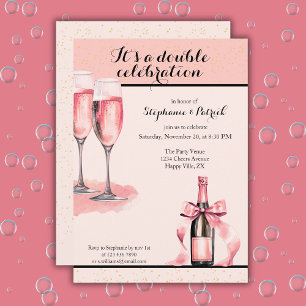 Invitation C'est une Double Célébration Champagne Rose Annive