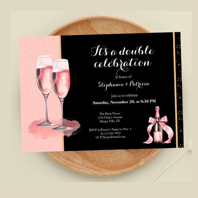 Invitation C'est une double fête Champagne Rose Anniversaire (Créateur téléchargé)