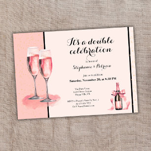 Invitation C'est une double fête Champagne Rose Anniversaire