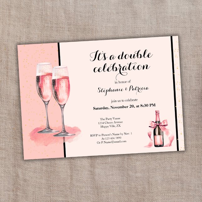 Invitation C'est une double fête Champagne Rose Anniversaire (Créateur téléchargé)