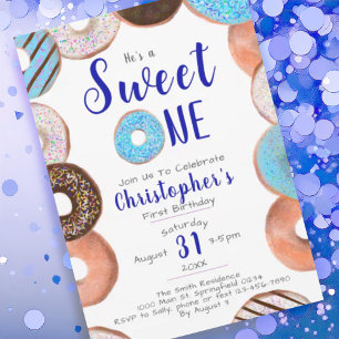 Invitation C'est une fête d'anniversaire avec un beignet bleu