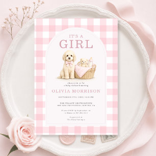 Invitation C'est une Fête de Bébé Fille Chien en Vichy