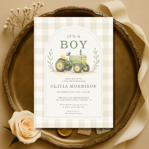 Invitation C'est une Fête de Naissance Gingham Tracteur pour 
