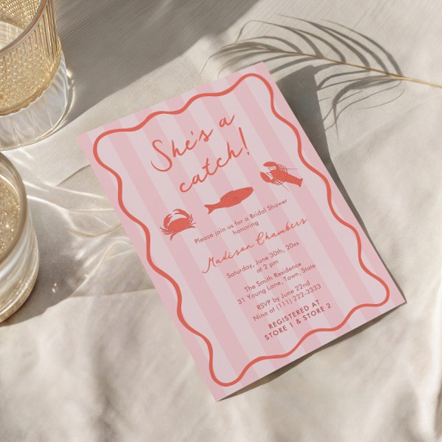 Invitation C'est une Fête des mariées de langouste rose et or (She's a catch vibrant orange and pink seafood bridal shower invitations with doodle illustrations)