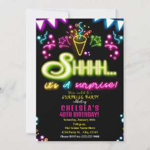 Invitation C'est une fête surprise néon confettis Anniversair