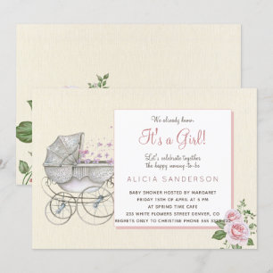 Invitation C'est une fête vintage bébé chariot douche