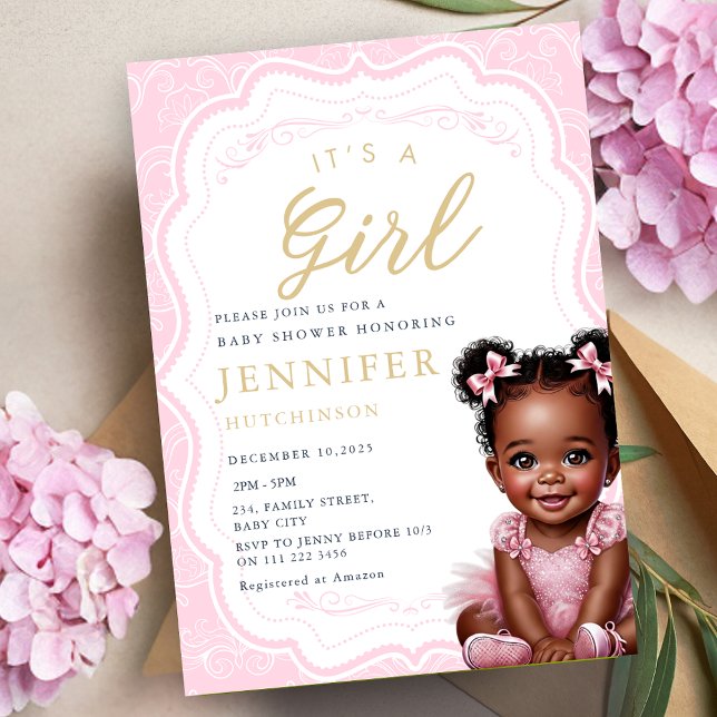 Invitation C'est une fille Africaine Américaine Baby Girl Dou (It's A Girl African American Baby Girl Shower Invitation)