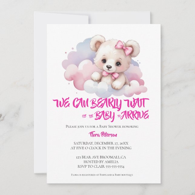 Invitation C'est une fille aquarelle bois bois bébé ours douc (Devant)