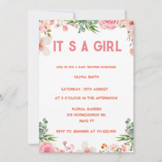 Invitation C'est une fille Aquarelle dorée florale rose pâle