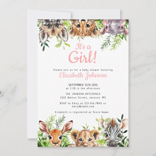 Invitation C'est une fille Aquarelle Safari Animaux Baby show (Devant)