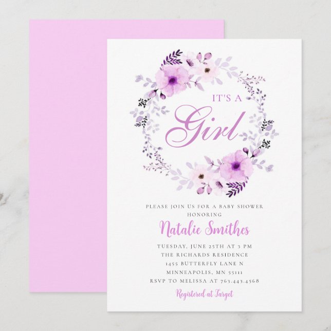 Invitation C'Est Une Fille Aquarelle Violet Baby shower Flora (Devant / Derrière)
