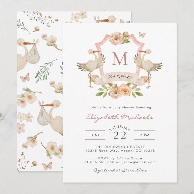 Invitation C'est une fille ! Baby shower (Devant / Derrière)