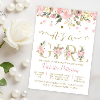 Invitation C'est une fille Baby Shower aquarelle florale