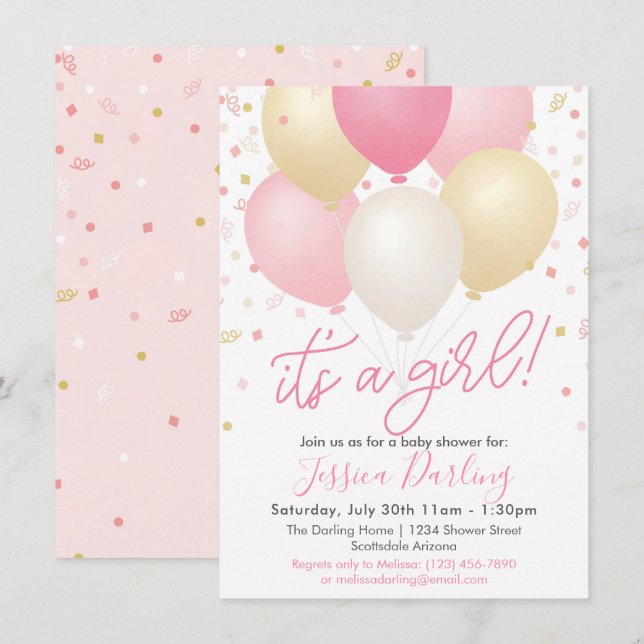 Invitation C'est une fille Baby shower Ballons roses et Confe (Devant / Derrière)
