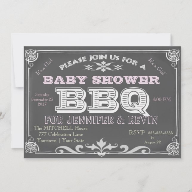 Invitation C'est une fille Baby shower Bar B Que (Devant)