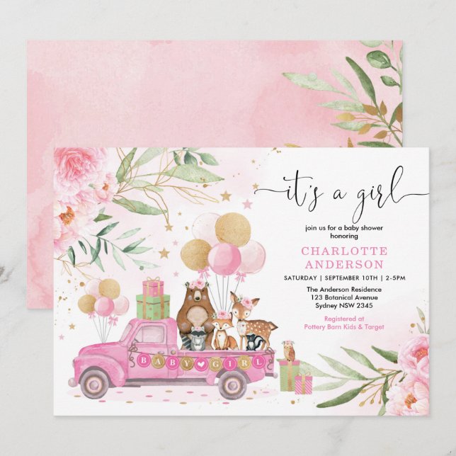 Invitation C'est une fille ! Baby shower boisé rose Floral or (Devant / Derrière)