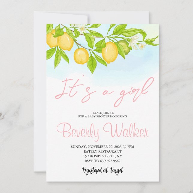 Invitation C'est une fille Baby shower citrons citrons (Devant)