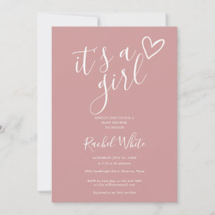 Invitation C'est une fille Baby shower Coeur Dusty Rose rose