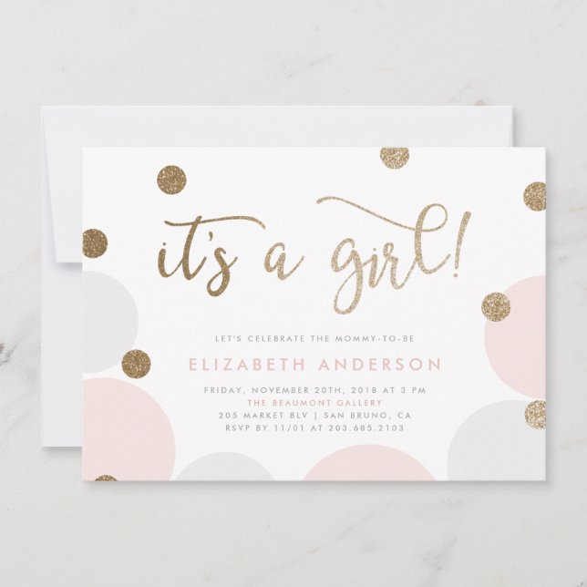 Invitation C'est une fille ! | Baby shower Confetti rose et o (Devant)