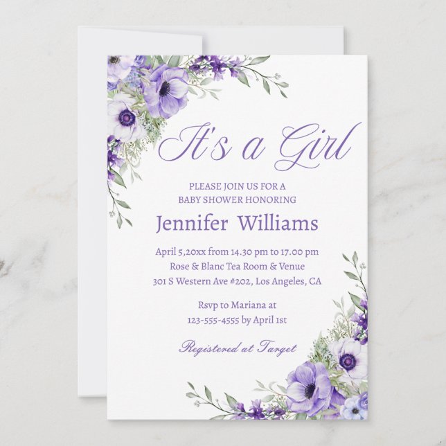 Invitation c'est une fille, baby shower d'aquarelle aux fleur (Devant)