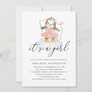 Invitation C'est une fille. Baby shower de pingouin mignon aq