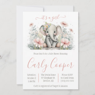 Invitation C'est une fille ! Baby shower d'éléphants floraux