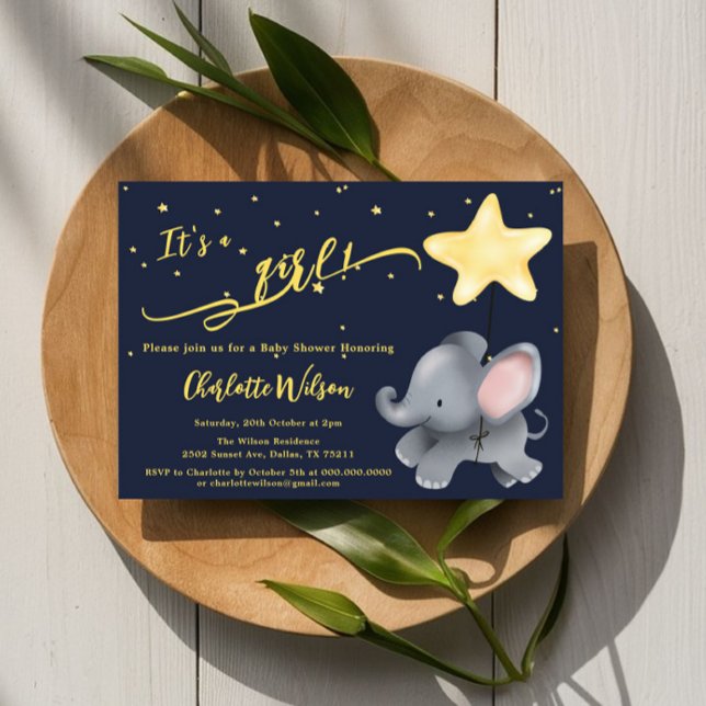 Invitation C'est une fille ! Baby shower Eléphant Bébé mignon (Créateur téléchargé)