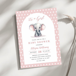 Invitation C'est une fille | Baby shower Eléphant Rose mignon