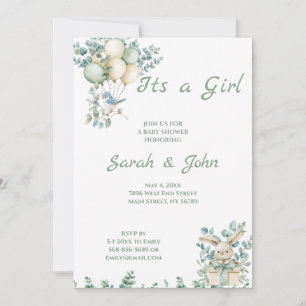 Invitation C'est une fille, Baby Shower Eucalyptus