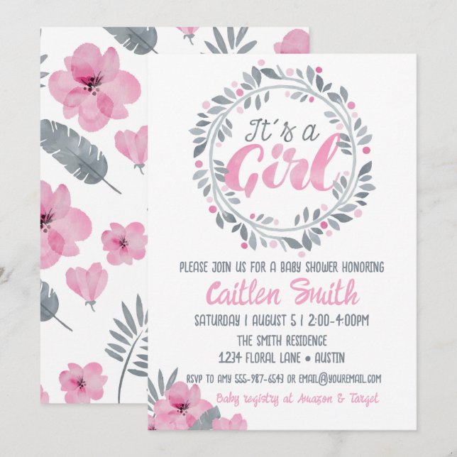 Invitation C'est une fille Baby shower floral gris rose (Devant / Derrière)