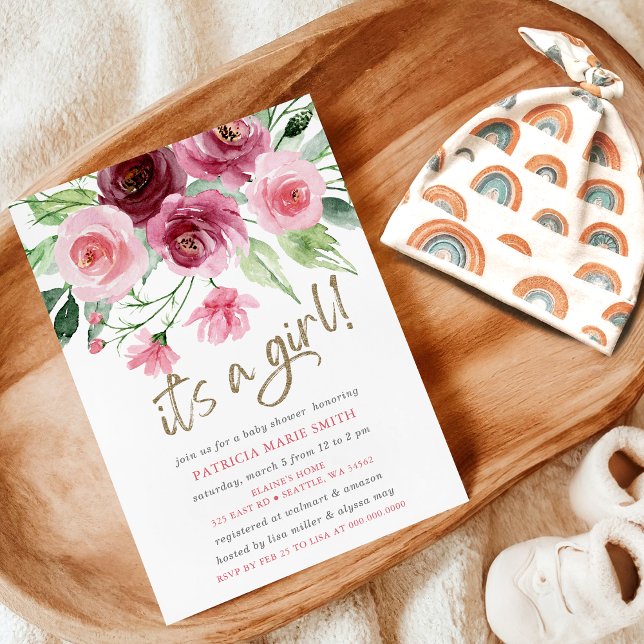 Invitation C'est une fille Baby shower Floral rose Bourgogne  (Its a girl Modern Pink Burgundy Floral Baby Shower Invitation)