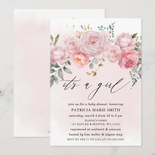 Invitation C'est une fille Baby shower floral rose rose moder (Devant / Derrière)