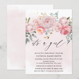 Invitation C'est une fille Baby shower floral rose rose moder