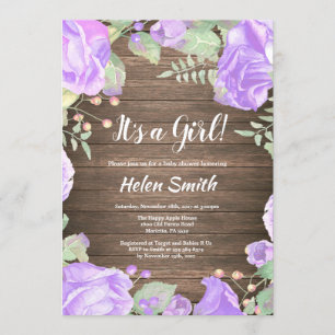Invitation C'est une fille Baby shower Floral violet Bois rus