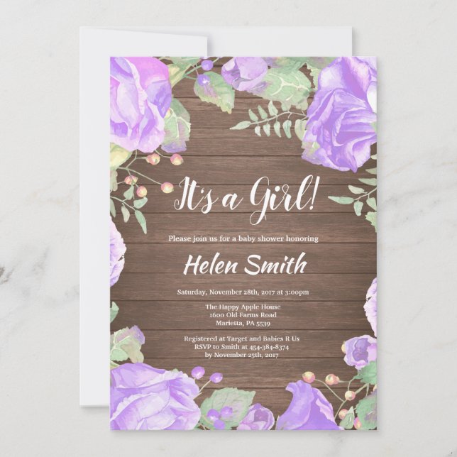Invitation C'est une fille Baby shower Floral violet Bois rus (Devant)