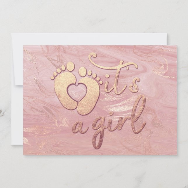 Invitation C'est une fille Baby shower Pieds Rose Marble Or (Dos)