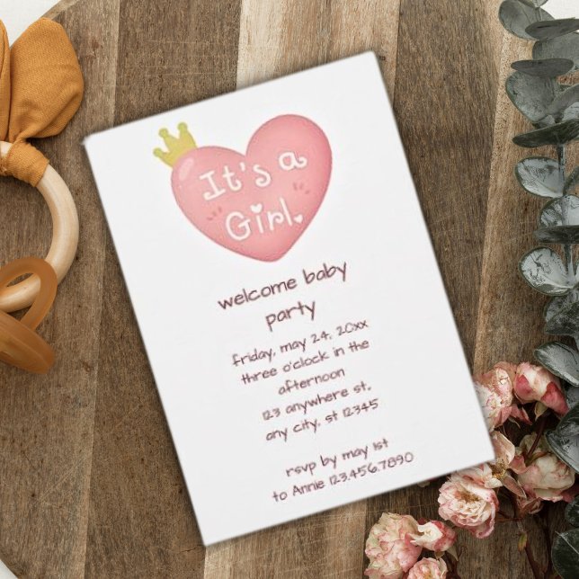 Invitation C'est une fille Baby shower princesse de coeur ros (Créateur téléchargé)