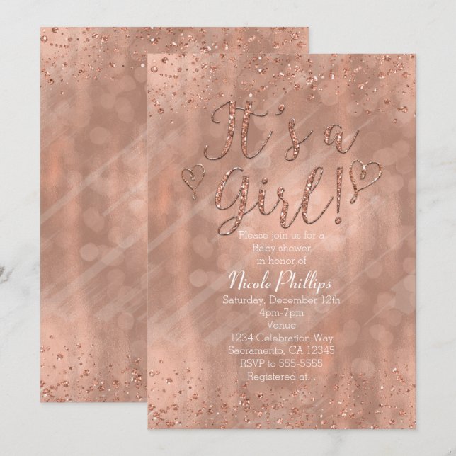 Invitation C'est une fille Baby shower rose or glamour (Devant / Derrière)