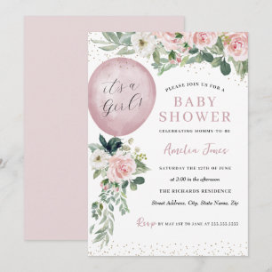 Invitation C'est une fille ballon Baby Shower Rose